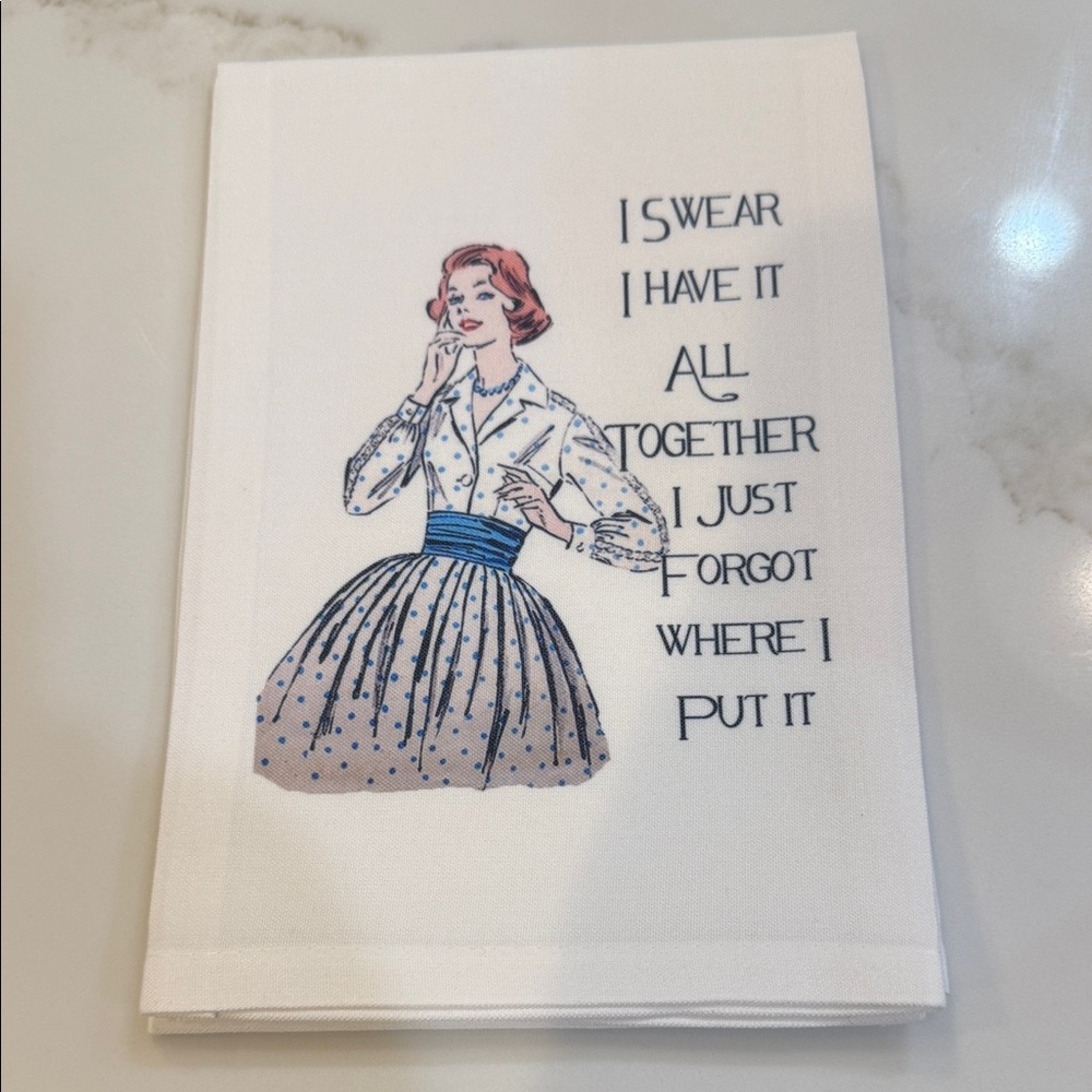 Funny Retro lady White Kitchen Towel with Blue Accents